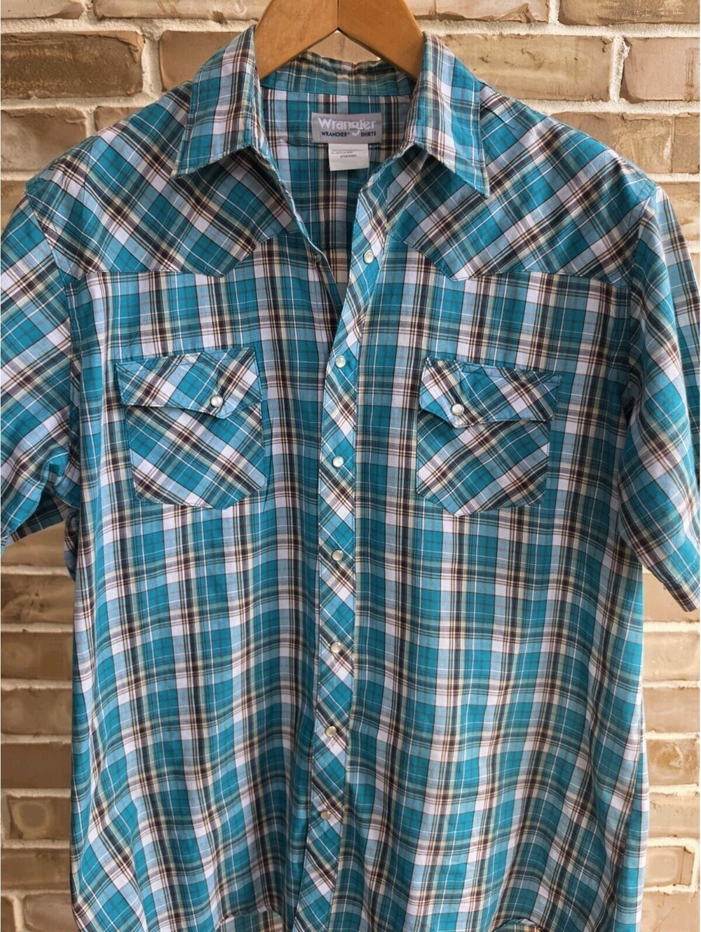 Vintage Wrangler Wrancher Western Shirt XL Pearl Snap Plaid Cowboy Blue Brown